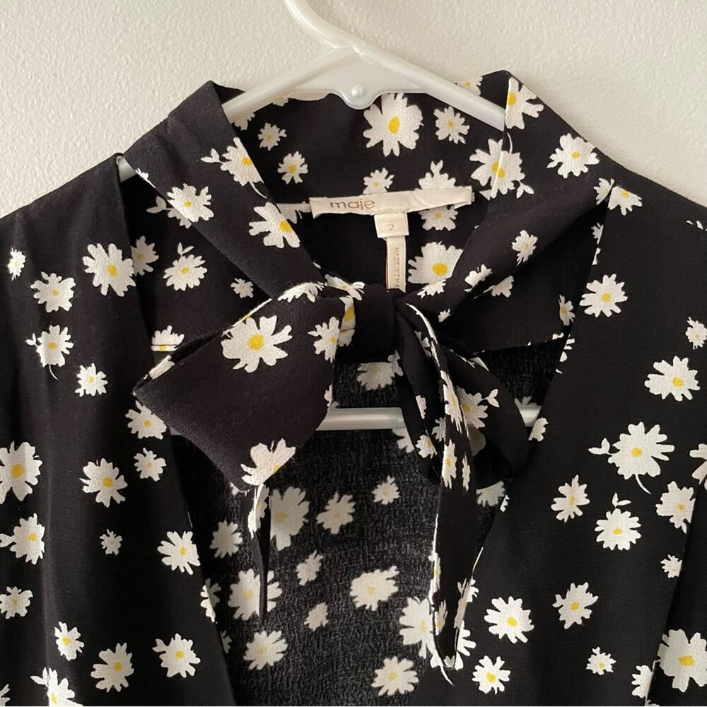 Maje Cosini Daisy Print Tie Neck Blouse Size 2 - Picture 5 of 9